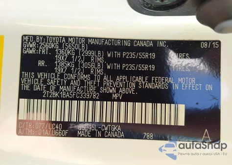 2015 Lexus Rx 350 из США, поврежденный, VIN 2T2BK1BA5FC339782